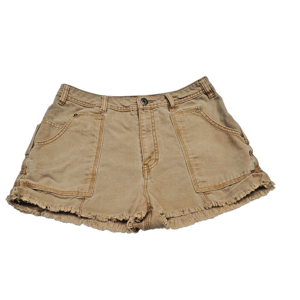 Free People Highrise Denim Sandy Khaki Cargo Booty Shorts Size 8 29" Waist EUC